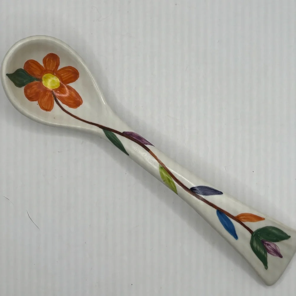 Hand-Painted Floral Ceramic Decorative Spoon -‎ Orange Flower 7.5” long